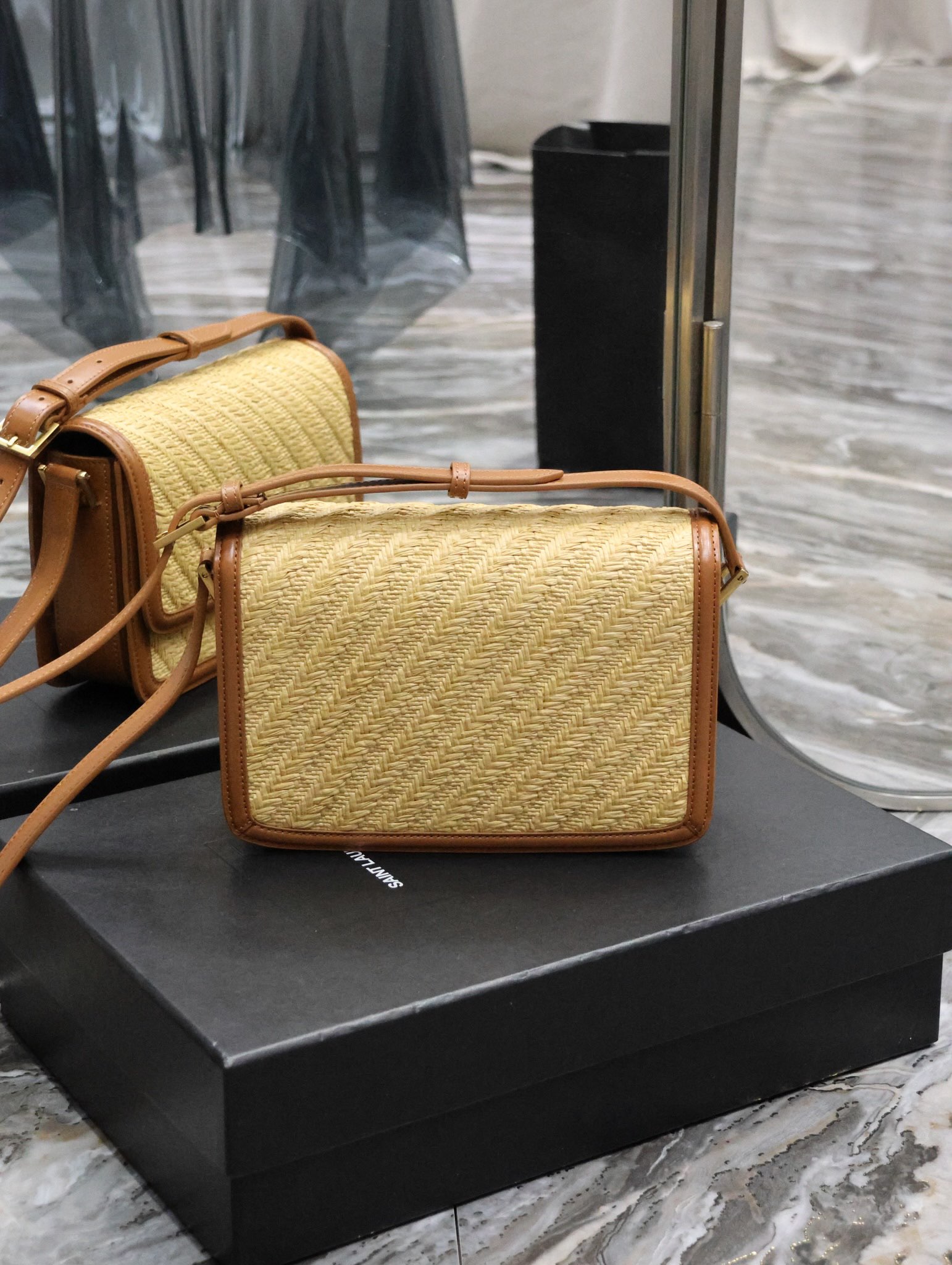 Saint Laurent Solferino Box Leather and Woven Bag