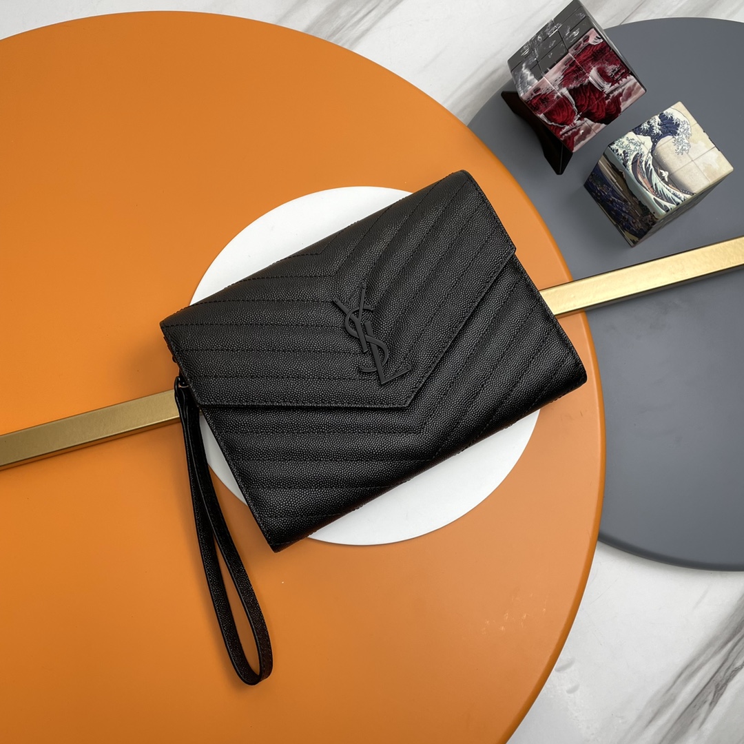 Saint Laurent Monogram Black Caviar Leather Envelope Clutch
