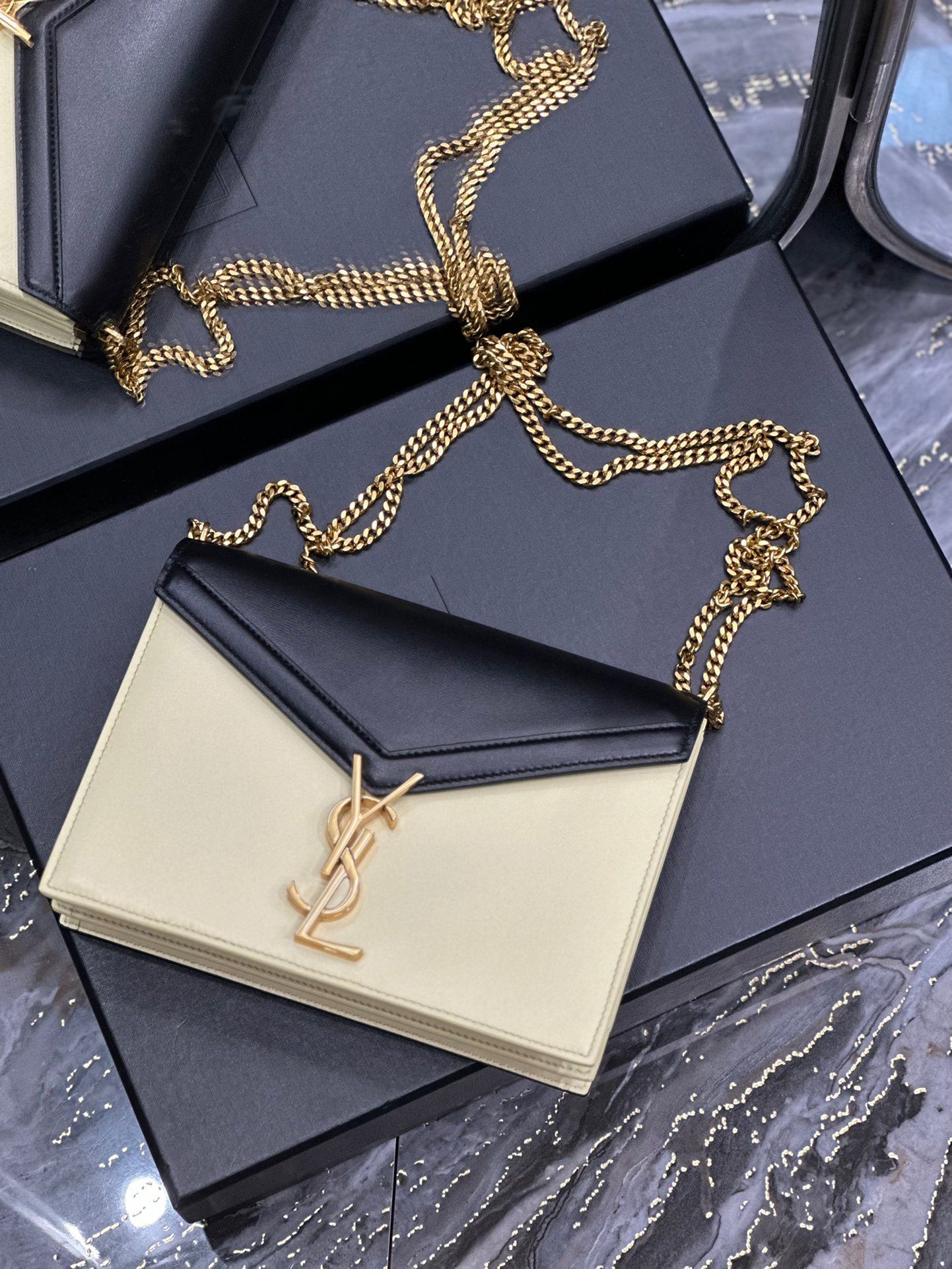 Saint Laurent YSL Cassandra Bag in Black with Cream Gold Hardware