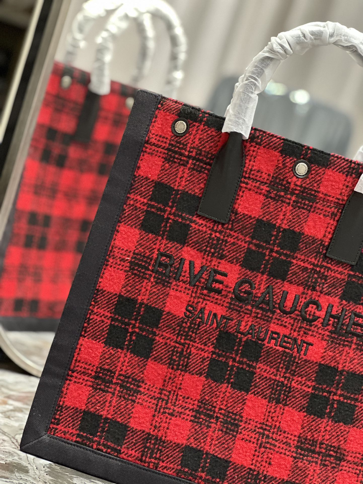 Saint Laurent YSL Rive Gauche Tote Bag in Red Checkered Design