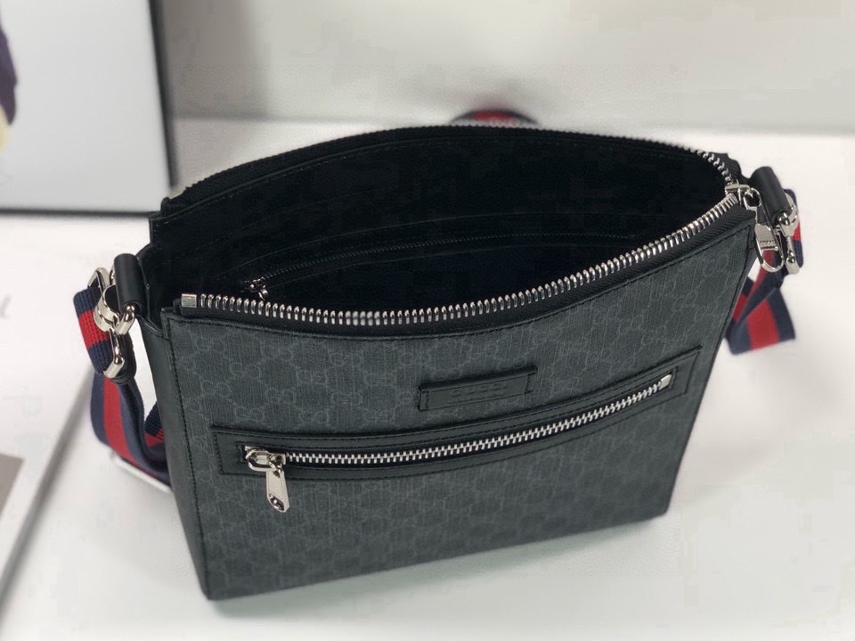 Supreme Large Messenger Bag in Black/Grey GG with Adjustable Red/Blue Strap 474137