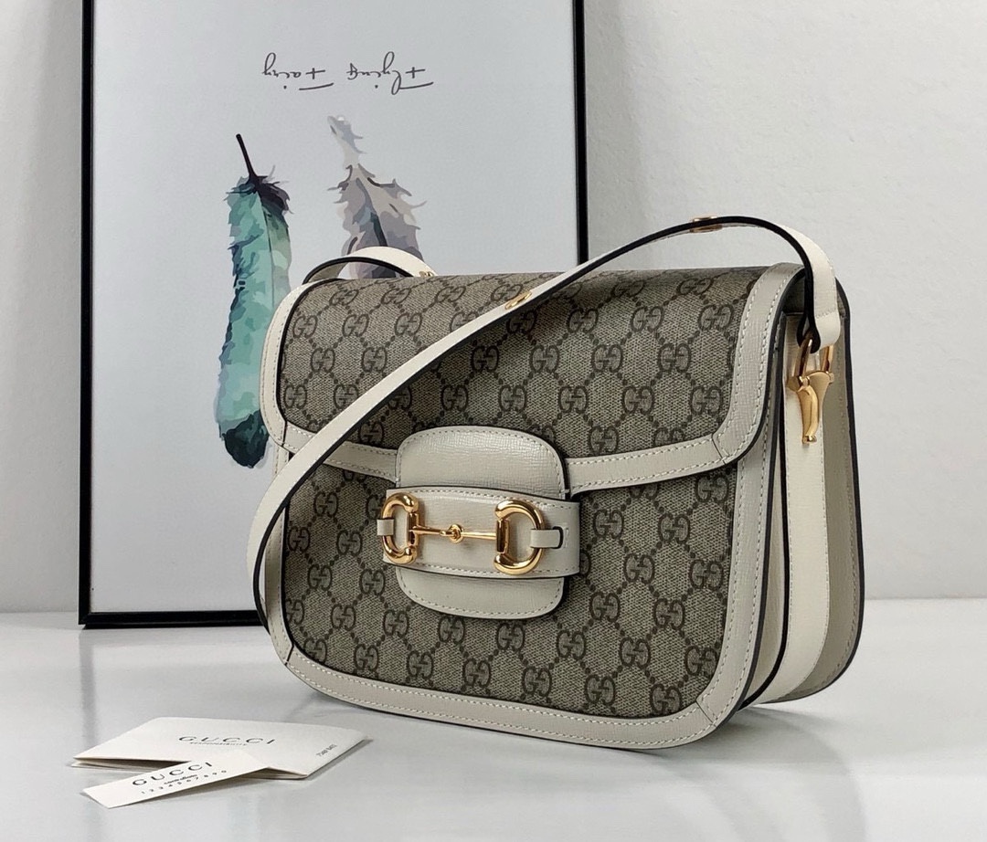 Gucci 1955 Horsebit Shoulder Bag 602204 (Brown and White)