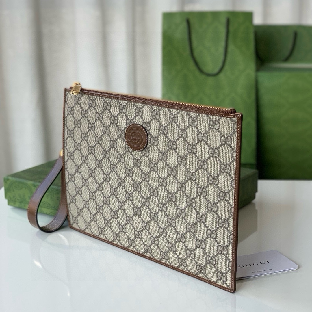 Gucci GG Double G Leather Tag Clutch 672953 Beige/Ebony