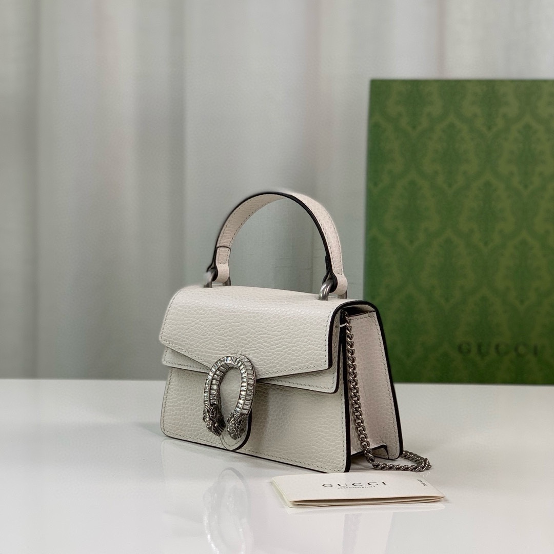 Gucci Dionysus Mini Handbag - White Leather with Crystal Double Tiger Head Closure