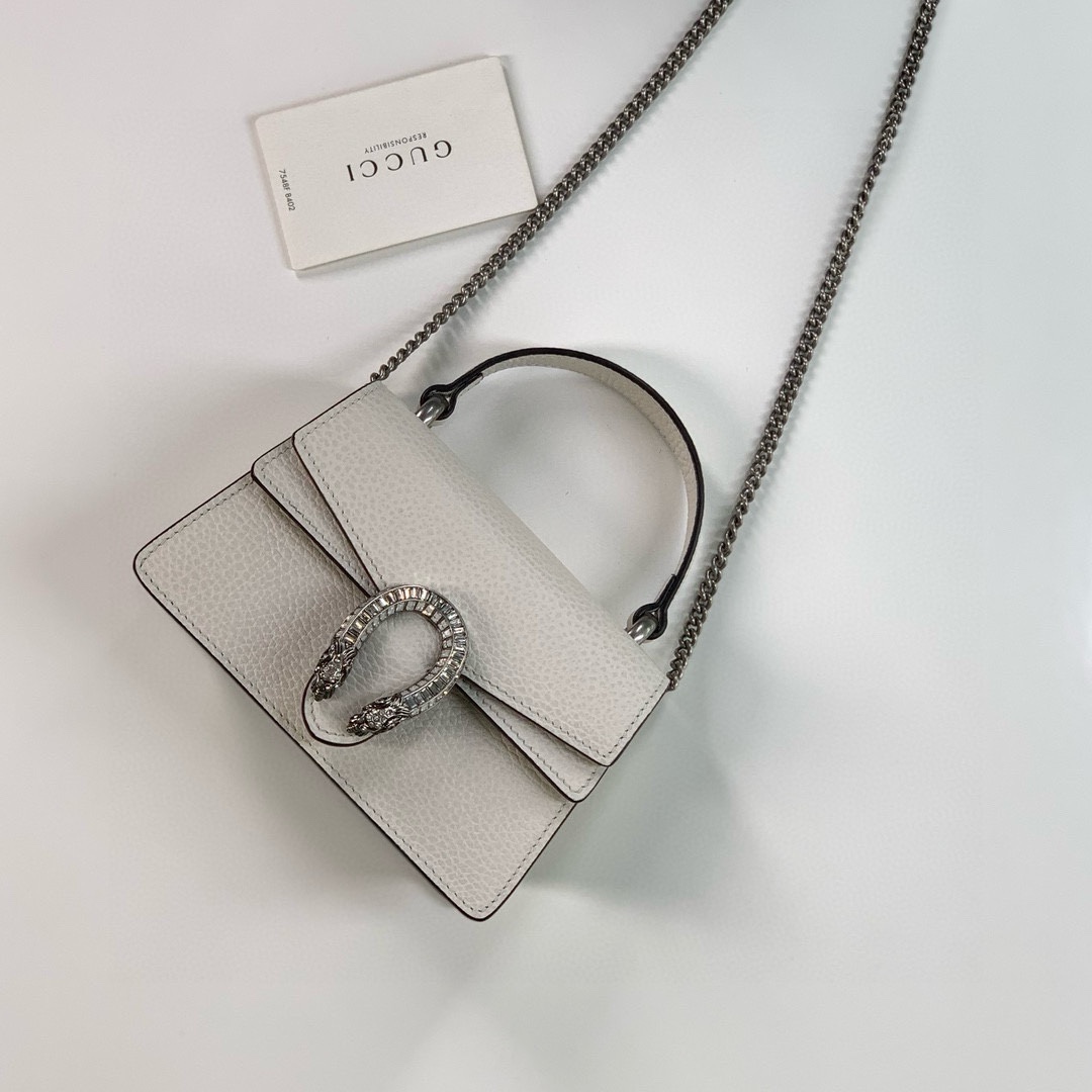 Gucci Dionysus Mini Handbag - White Leather with Crystal Double Tiger Head Closure
