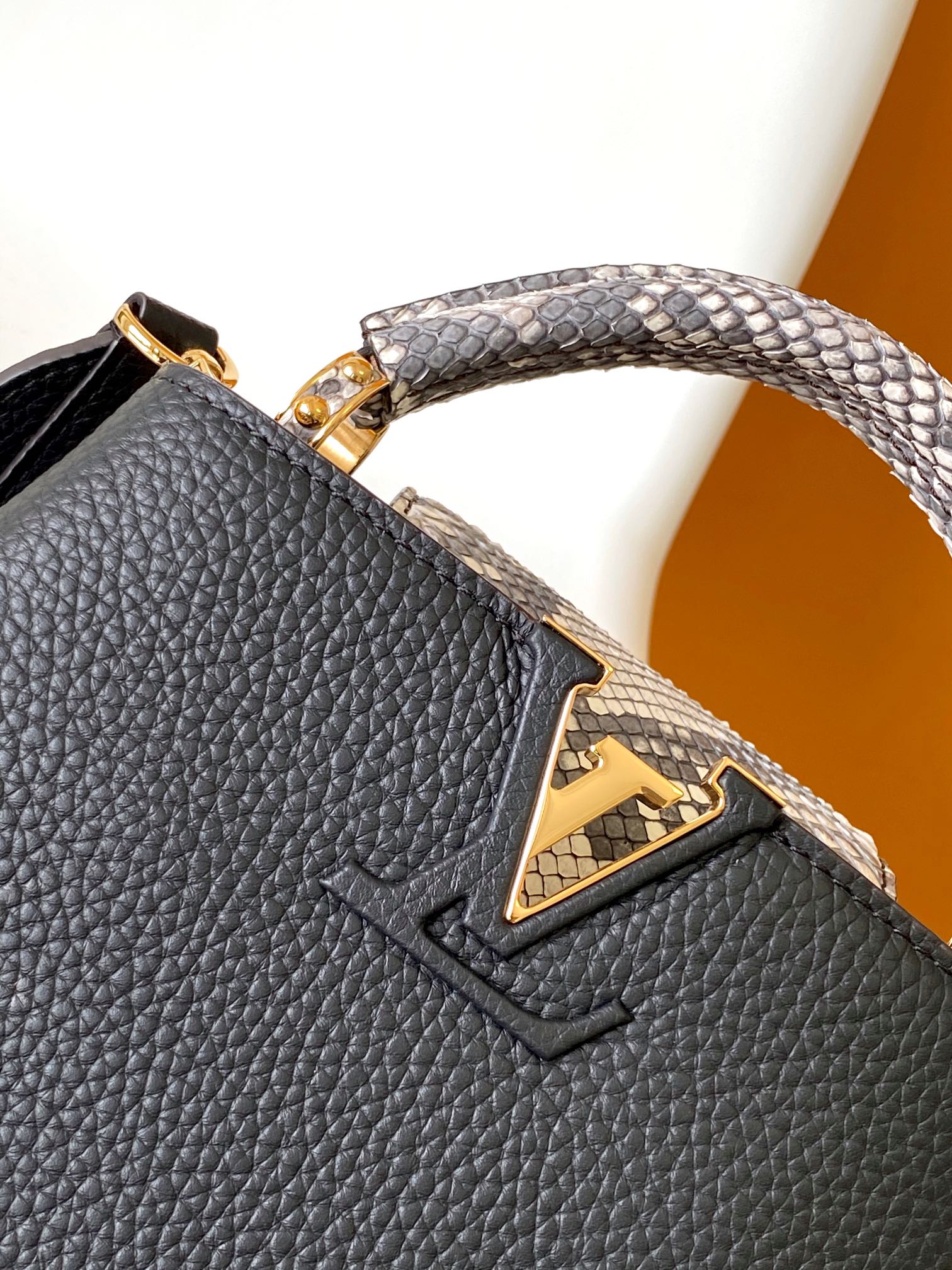  Louis Vuitton LV N95509 Capucines Handbag in Black Python Leather with Gold Hardware
