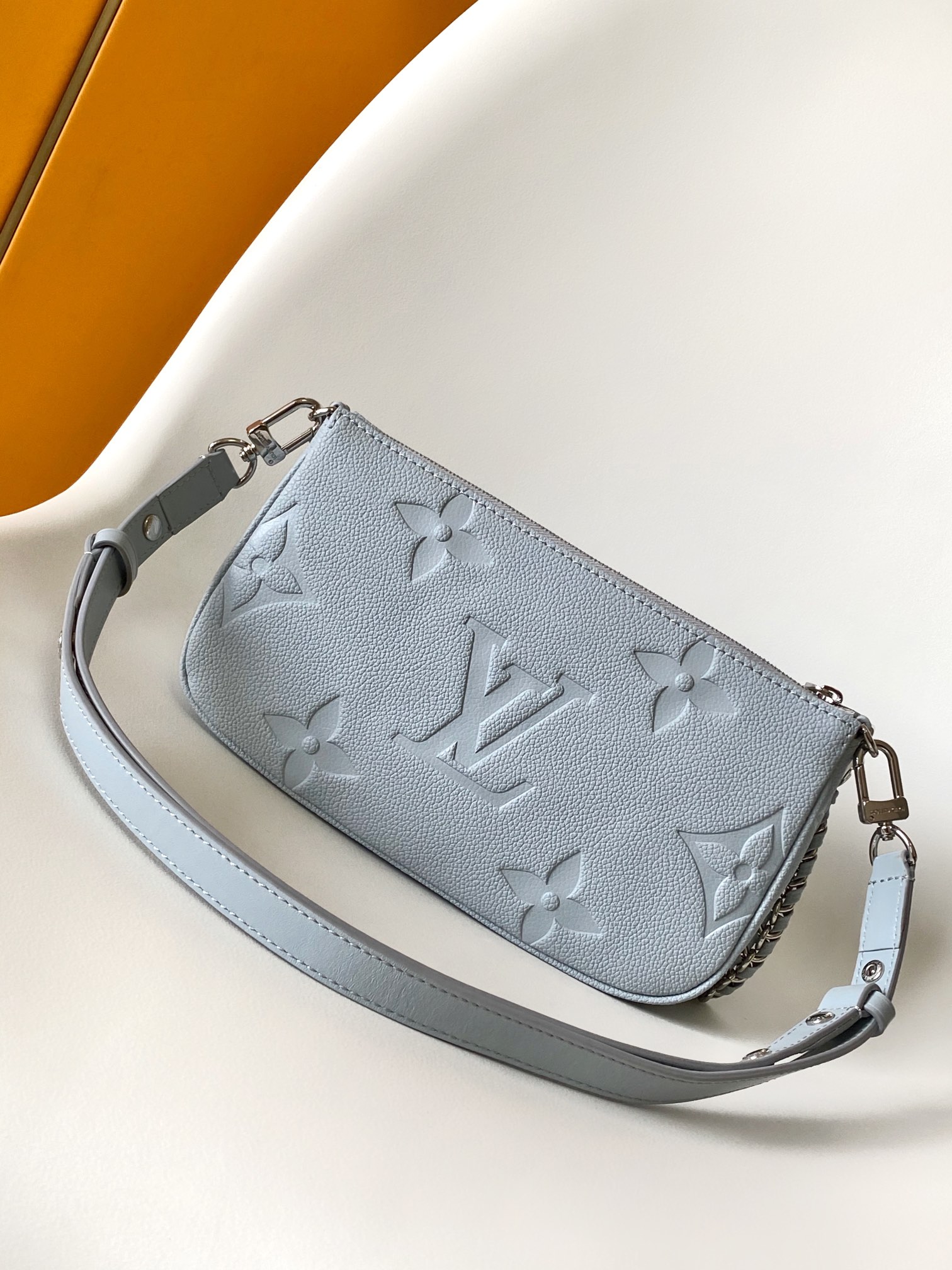 Louis Vuitton LV M47173 Three-Piece Mahjong Bag Set in Light Blue Embossed Leather