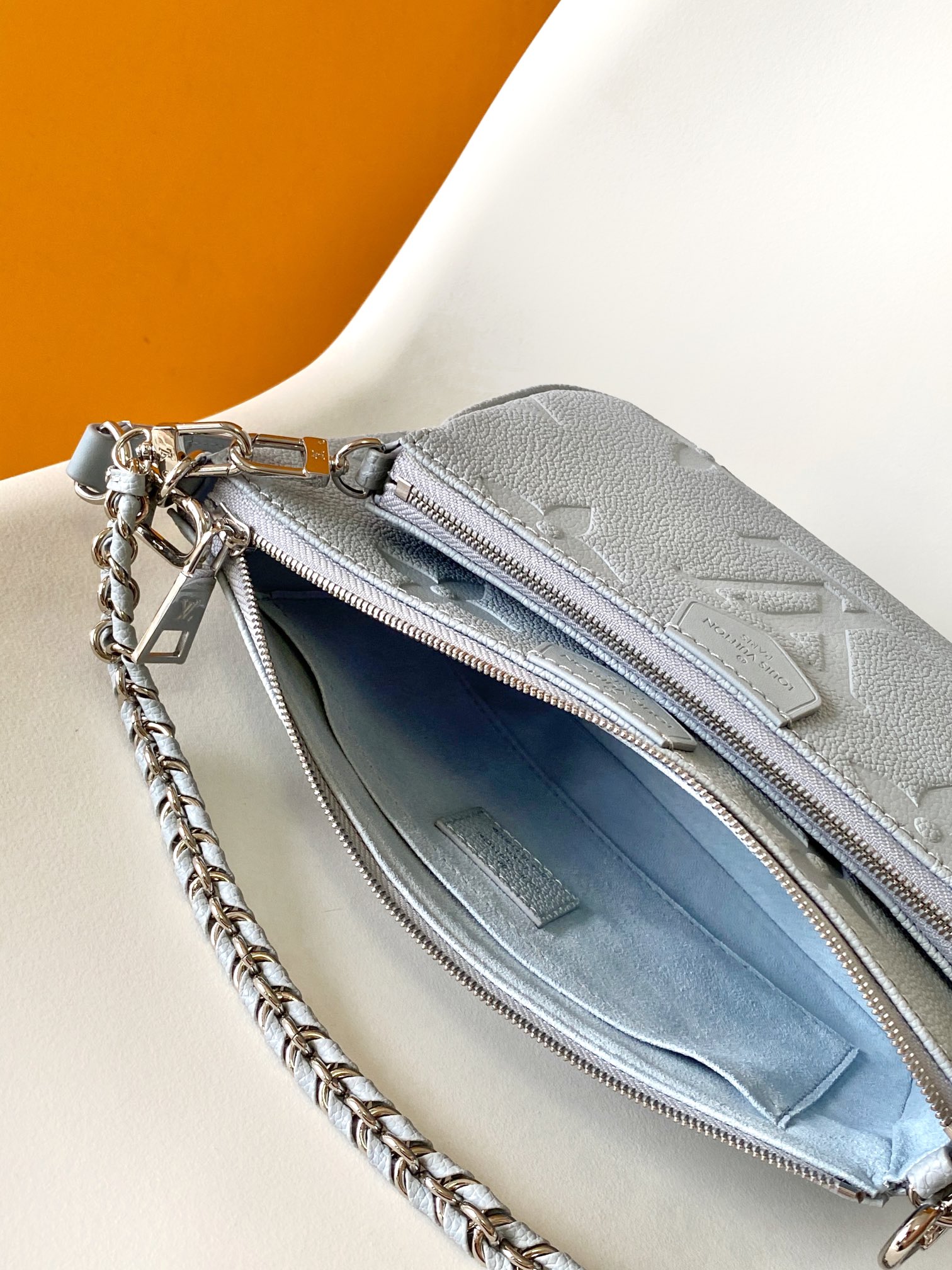 Louis Vuitton LV M47173 Three-Piece Mahjong Bag Set in Light Blue Embossed Leather